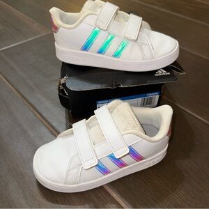 Adidas Toddler Grand Court I White Iridescent Stripe Velcro Slip On Sneakers 10K
